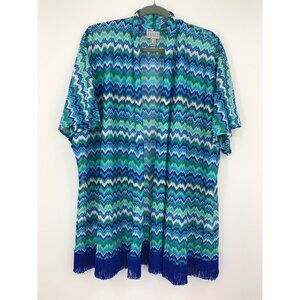 Susan Graver Cardigan Fringe Wrap Chevron Print Blue Green Small